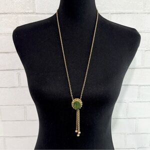 Vintage Oval Nephrite Jade Victorian Revival Gold Tone Filigree Tassel Necklace